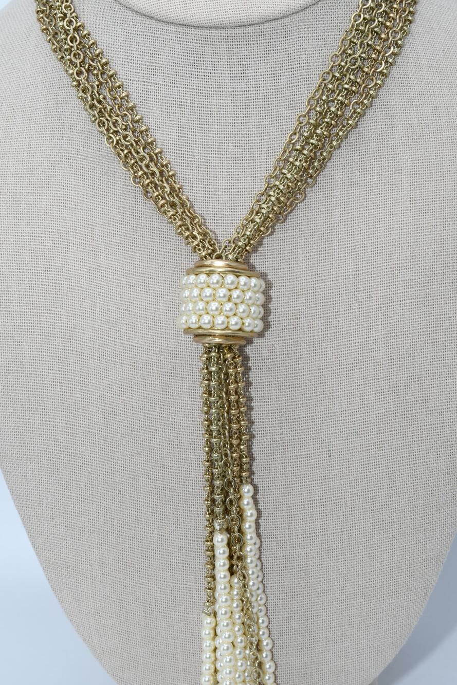 Chico’s Long Gold Chain Necklace Faux Pearl Tassel NWT 29 Inch